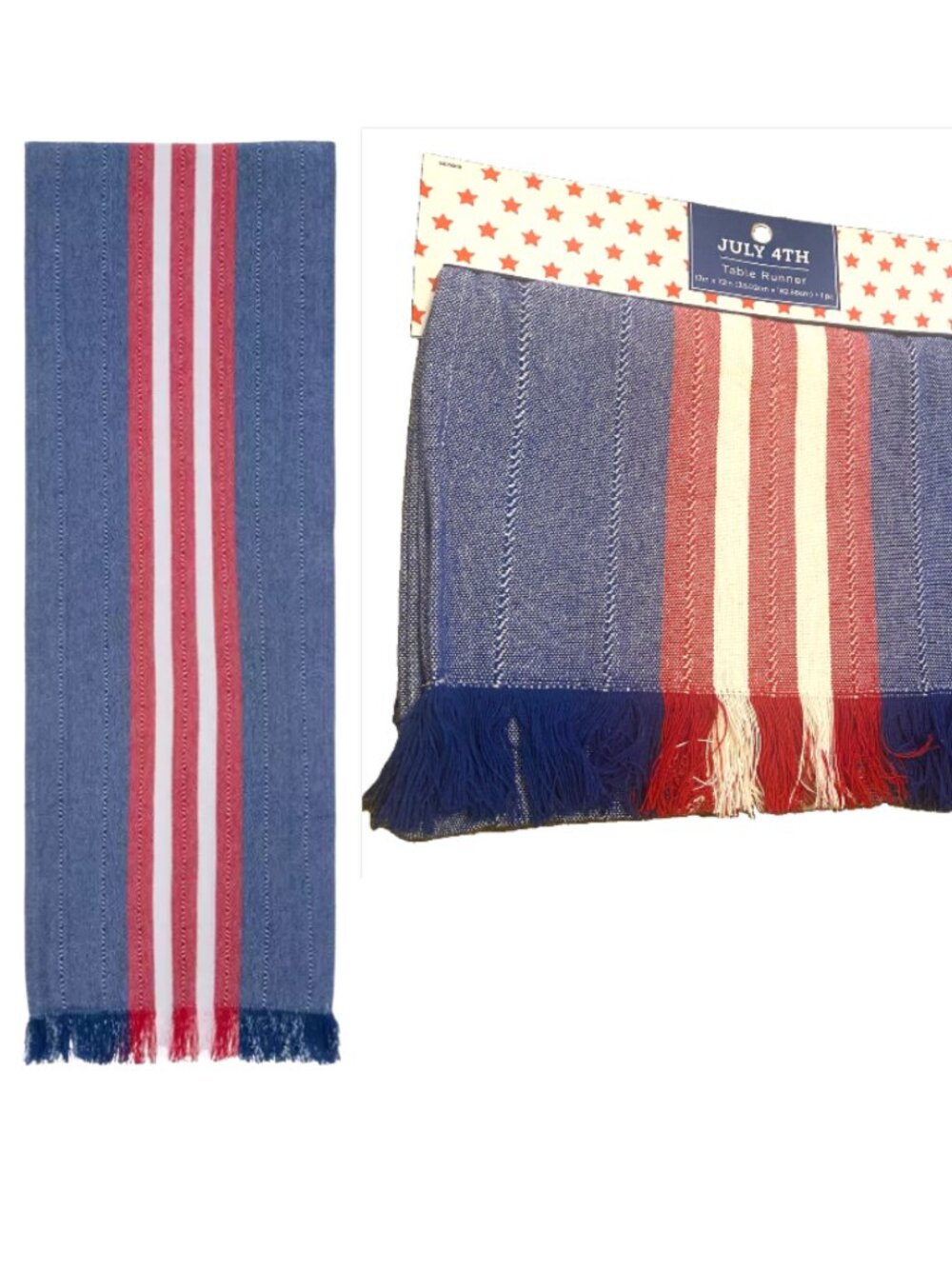 Stripes Table Runner Woven Red White Blue Fringe Hem 72 inch